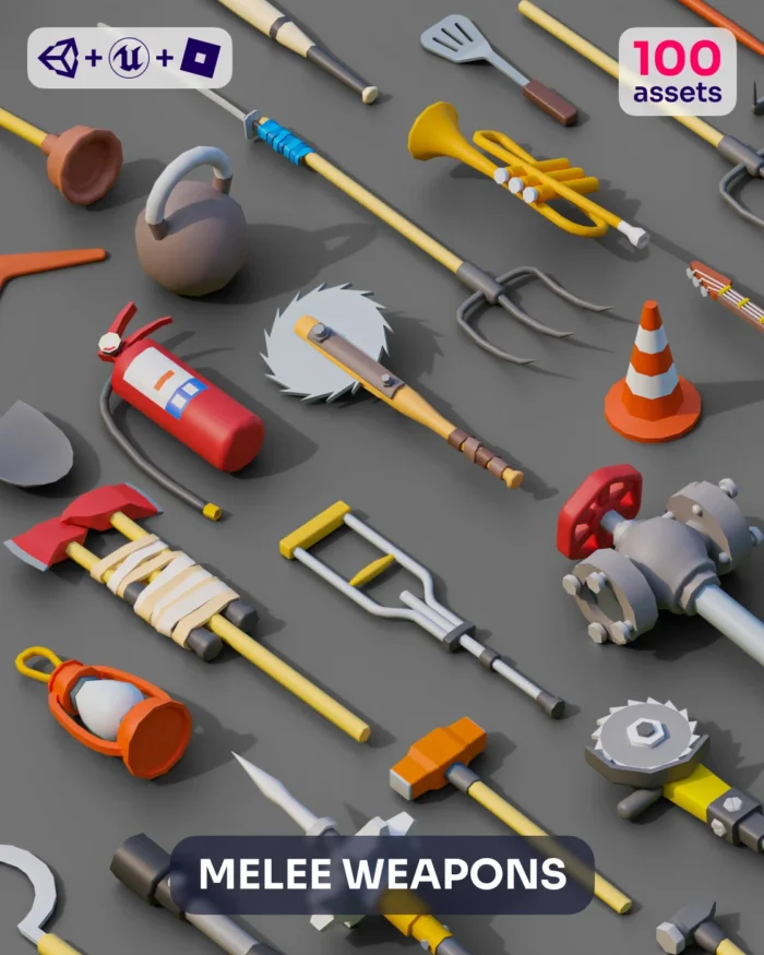 Melee weapons pack: low poly, heavy, and western melee weapons.