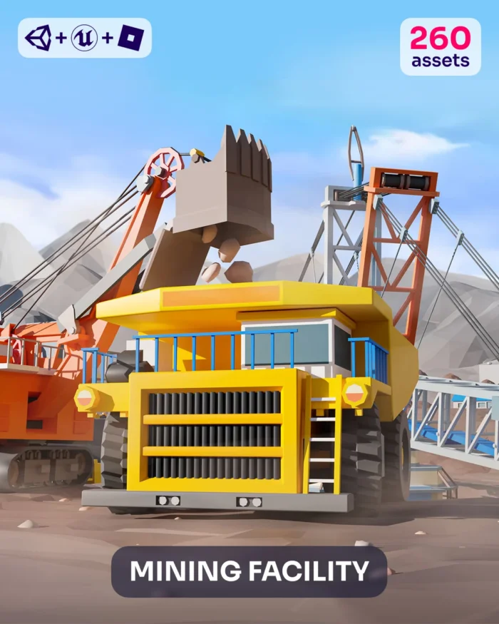 Mining facility with 3d model mining equipment, including a yellow dump truck and excavator.