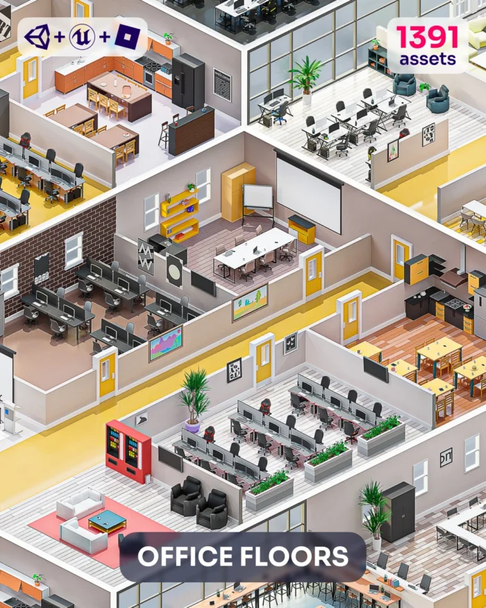 3D office floor plan with 1391 assets, including office rooms and Unity models.