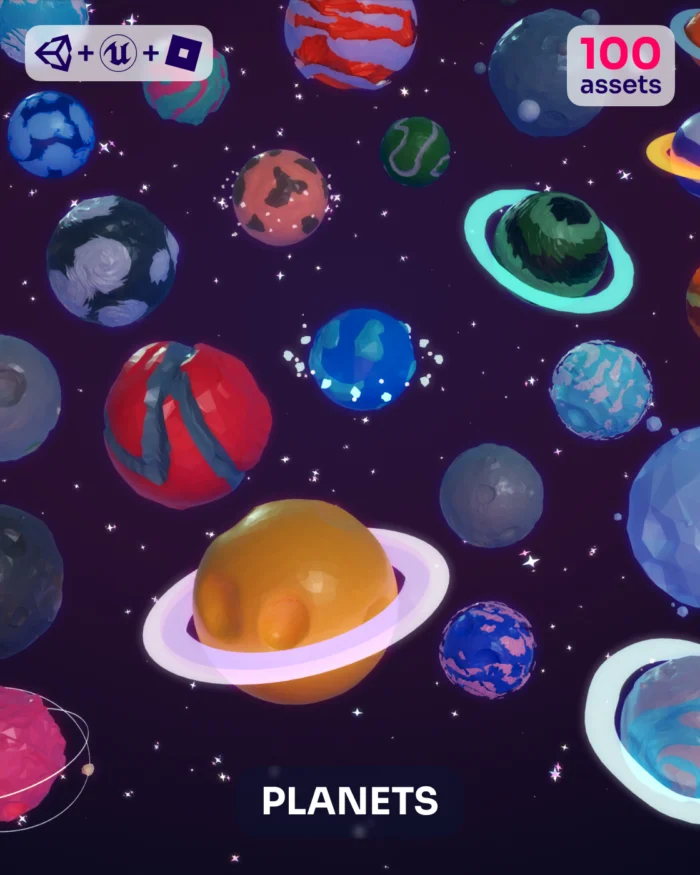 Colorful low-poly planets with rings and stars, "100 assets" text.