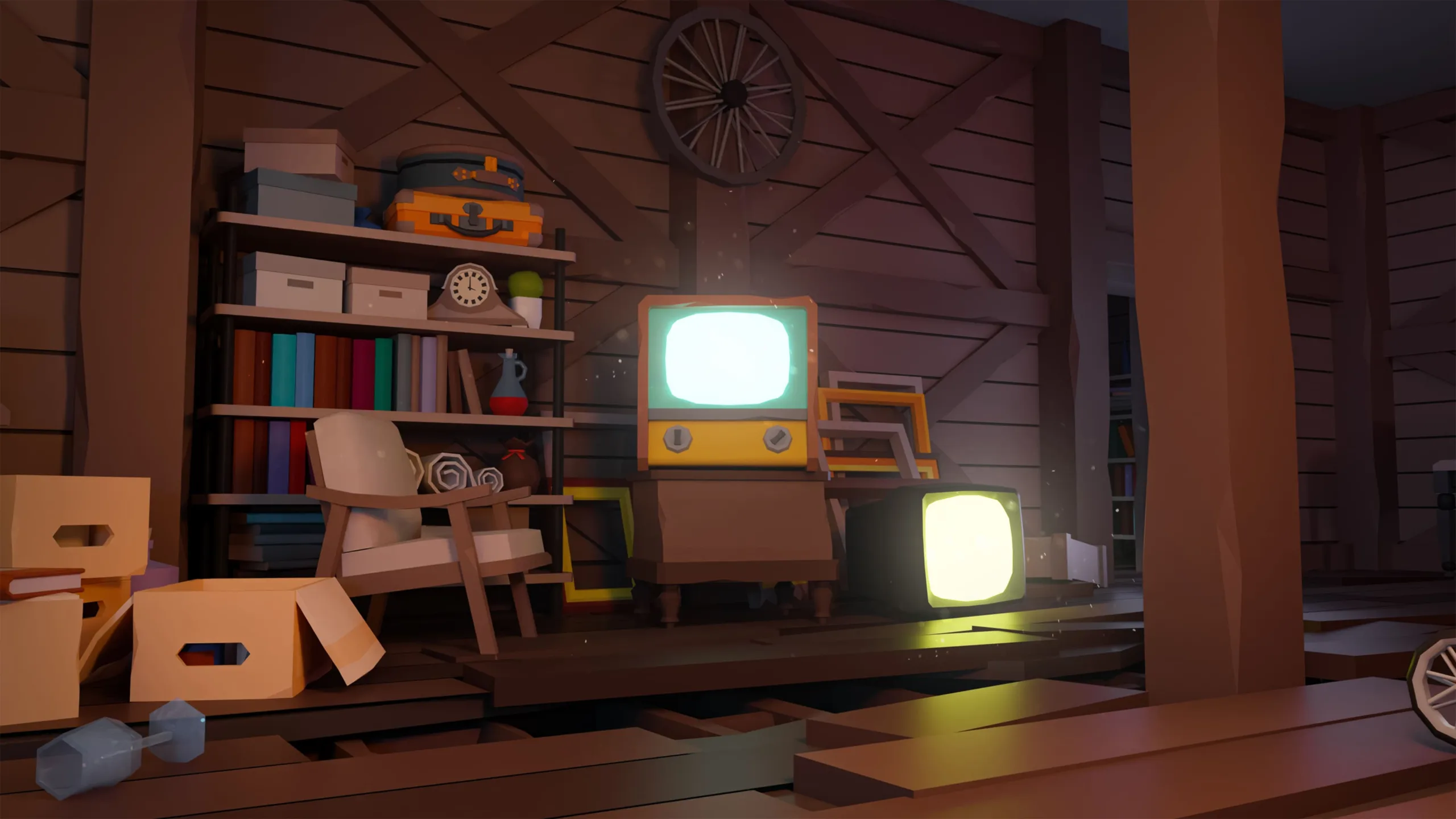 Attic storage room with vintage television sets, cardboard boxes and period items, detailed horror assets unity package