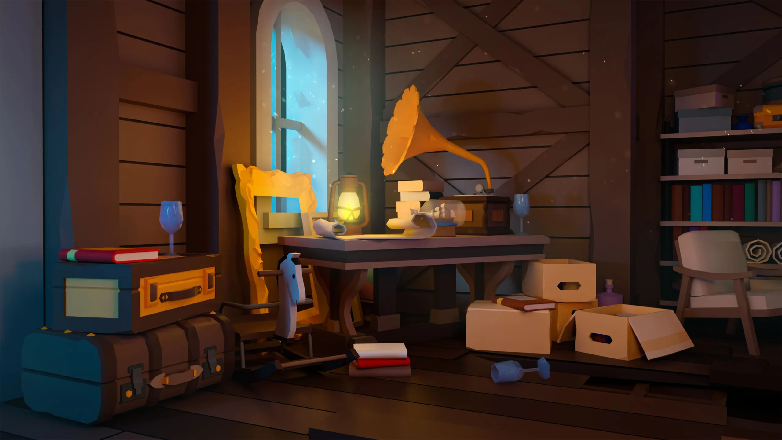 Vintage attic study room with gramophone, oil lamp and storage boxes, atmospheric horror house 3d game asset for Unity development