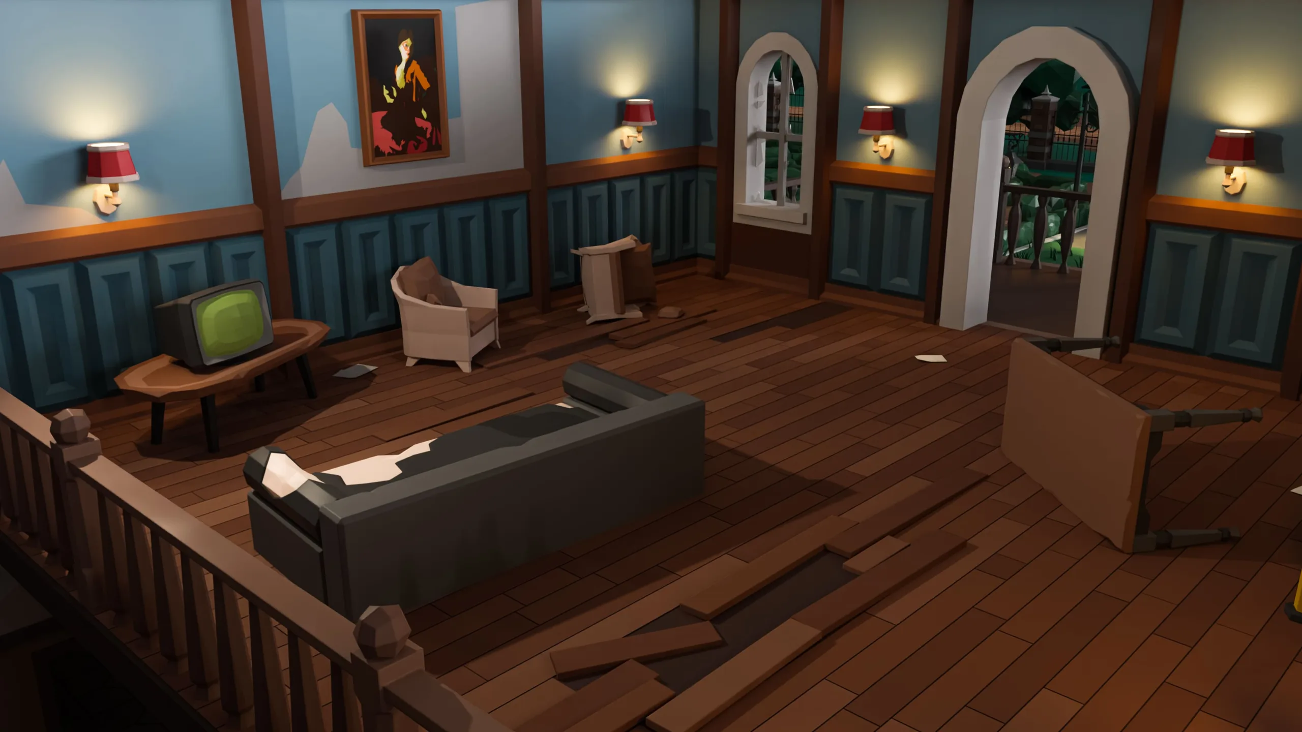 Mansion living room with vintage television, coffin and period furniture, atmospheric horror house 3d game asset for Unity development