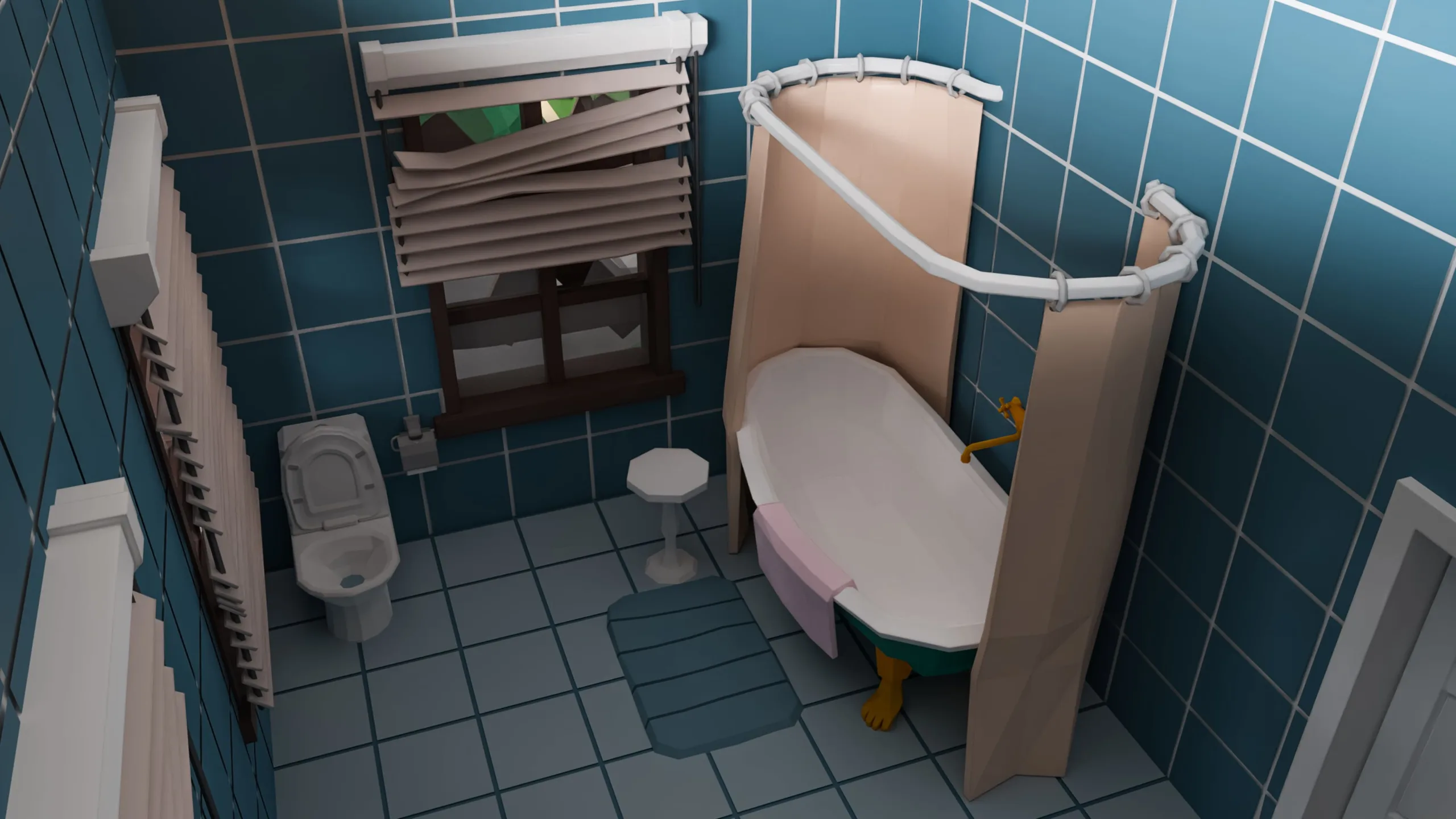 Vintage mansion bathroom with clawfoot tub and blue tile walls, detailed period horror game interior asset for Unity