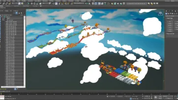 3ds Max interface showing the modular platformer course and white cloud billows against a gradient sky. The Layer Explorer on the left groups objects under “Assets” and “Demonstration,” while the top toolbar and Command Panel are visible along the right edge