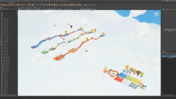 Autodesk Maya workspace with the obstacle course and clouds laid out above a dark sky background. The Outliner on the left lists dozens of “obstacle_#” nodes, spheres, bricks, and environment objects. The Perspective viewport shows the course suspended among volumetric cloud shapes