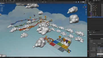 Blender’s 3D Viewport displaying the assembled obstacle course floating among many stylized cloud meshes. The Outliner on the right shows collections for “Assets” (obstacles, bricks, clouds) and “Demo” with three road variations. The Properties panel is open to a Principled BSDF shader for the sky