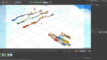 A Cinema 4D viewport showing a large grid floor with two clusters of colorful modular platformer assets: a winding sky-high obstacle course above and an organized kit of individual pieces below. On the right, the Layers panel lists “Demonstration” and “Assets,” while the top toolbar and left toolbar reveal common Cinema 4D modeling tools