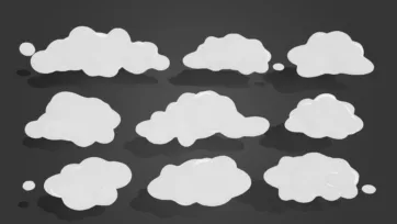 Nine stylized cloud sprites in white with subtle shading on a dark background, ready for use as skybox or background elements in a modular platformer or construction game