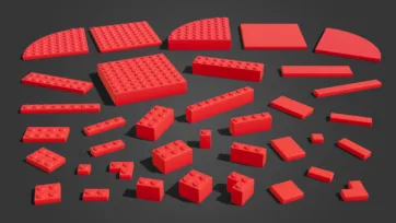 A spread of red lego building blocks in various shapes and sizes—plates, bricks, slopes, quarter-circles, and tiles—laid out on a dark surface as modular platformer building blocks
