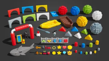 Array of construction game kit pieces including red, blue, green, and white block arches, spring arch finish gate, inflatable boat and rowboat hazards, oar, drone prop, pyramid ramps, collectible barrels and coins, and shark model on a dark backdrop