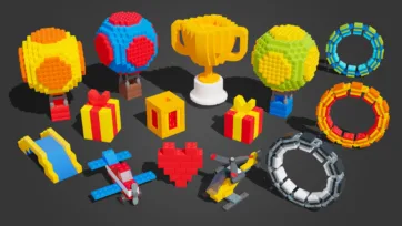 Collection of vibrant building block models featuring hot air balloons, multi-colored spheres, block-built trophy, gift boxes, portal rings, collectible ramps, airplanes, heart icon, and shark hazard, showcasing lego game assets for a constructor game level