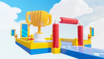 Close-up of a block-built yellow trophy platform with a red arch finish line on blue tiles, suspended among clouds as part of a construction game kit level