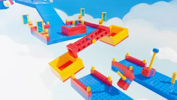 A green modular platformer track lined with red tilting panel obstacles and propeller drone hazards, crafted from lego game assets against a bright cloud backdrop