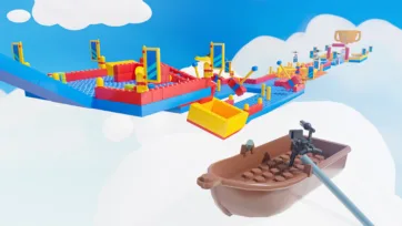 A brown lego building blocks rowboat hazard with a mounted turret floating beneath a red and blue block track in a construction game kit sky level