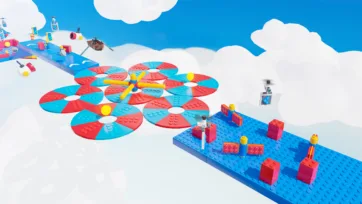 A series of red and blue rotating circular platforms forming a bridge beside a blue building blocks game segment with seesaw obstacles, set among clouds in a modular platformer assets scene
