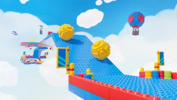 Overhead perspective of a blue incline with two rolling spiky yellow balls navigating modular platformer terrain built from lego game assets in a cloud-based level