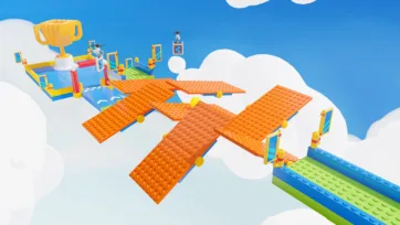 Floating obstacle course featuring a sequence of red tilting panel platforms and propeller drone hazards on a green building blocks track, styled for a construction game kit experience