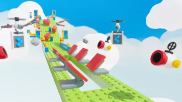 Angled view of a green and white tiled slope leading through a rotating portal ring assembled from game building blocks, set among clouds in a modular platformer assets scene