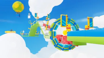 A green and blue maze platform built from building block models with a yellow-green block hot air balloon rising overhead, part of a unity constructor-style game environment