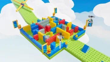 Overhead shot of a green lego building blocks maze platform with multicolored walls and a yellow windmill obstacle, augmented by floating drone props in a modular platformer environment
