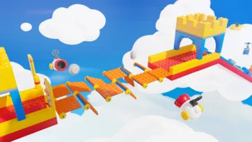 Perspective of floating orange springboard plank obstacles and spinning drone hazards on a green modular platformer track built from construction game kit blocks, with cloud backdrop