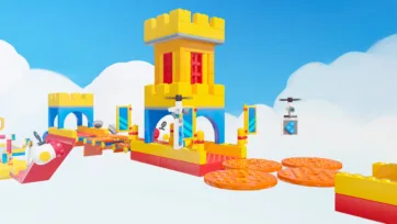 Side view of a blue and yellow lego building blocks castle with adjacent red and blue rotating disc trampoline platforms and floating drone props in a cloud-based constructor game scene
