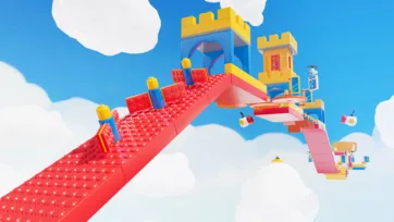 A red modular platformer slope with interactive seesaw block obstacles ascending to a blue and yellow castle tower, set among clouds, showcasing lego building blocks game assets