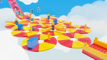 Array of red and yellow disc platforms with seesaw and tilt mechanisms built from lego block models, creating dynamic challenges in a cloud-based platformer