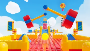Orange rotating circular platforms with spike-like pillars and a central windmill piece, part of a modular platformer construction toolkit floating in the clouds
