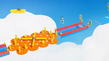 Floating maze-like green and blue walkway with multi-colored building block walls, interactive plank obstacles, and a ring portal in a construction game kit level