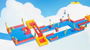First-person view down a red building blocks game walkway with two large swinging hammer block obstacles and floating drone props in a sky environment