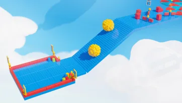 Inclined blue platform with rolling spiky yellow ball hazards on modular building block terrain, forming a constructor game challenge among cloud layers