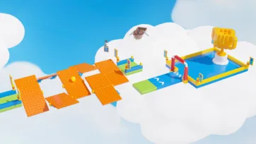 Series of orange tilting panel obstacles leading to a blue finish line and trophy, crafted from construction game kit blocks on a floating platform in the clouds