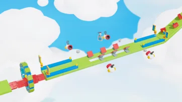 Sky-high platformer scene with red springboard planks and propeller drone obstacles constructed from lego game assets on a green modular path over clouds