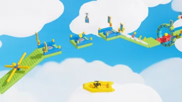 Floating obstacle course section with circular trampoline block platforms and a ring hoop built from game building blocks, connected by a green modular track in a sky environment