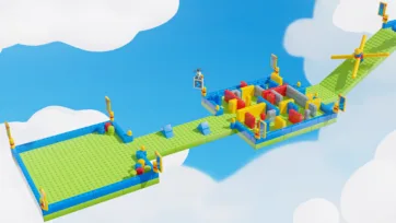 Modular platformer level segment with green base and blue-bordered maze of building block models, featuring a yellow windmill construction toolkit piece floating among clouds