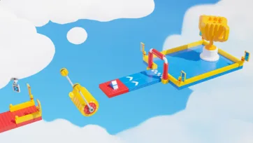 End-of-level platform with a trophy built from colorful building block models and a rolling drum obstacle, part of a building blocks game design