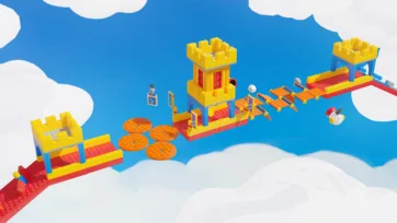 A floating castle-themed level segment built from yellow lego building blocks forming towers and bridges, ideal for a constructor game environment