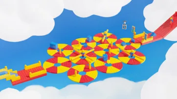 Rotating circular platforms composed of red and yellow building blocks in a sky setting, highlighting modular platformer assets and construction toolkit features.