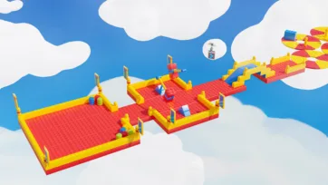 Close-up of a game building blocks platform with red and yellow lego game assets and interactive seesaw elements on floating modular terrain.