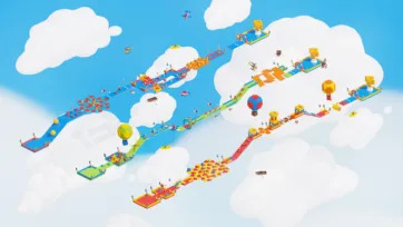A wide aerial view of a modular platformer level with intersecting colorful building block models floating among clouds, showcasing a construction game kit in a unity constructor style.