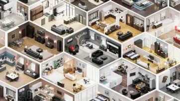 Modern apartment room collection showcasing realistic living room designs with contemporary furniture and professional interior styling