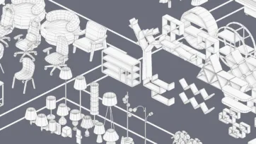 Wireframe furniture and lighting 3D models featuring chairs, lamps, and shelving units - optimized Unity interior assets for game development