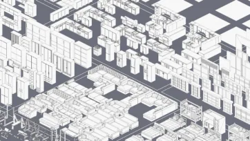 Wireframe furniture 3D model collection showing low poly interior assets including kitchen cabinets, sofas, and beds for technical visualization