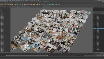 Maya 3D interior room collection featuring complete realistic room layouts with detailed furniture arrangements for professional architectural visualization