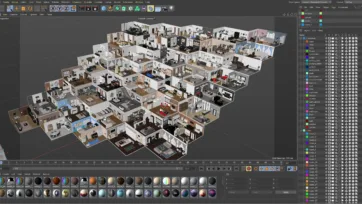 Comprehensive interior 3D model collection for realistic room design featuring multiple room layouts and furniture arrangements in Cinema 4D