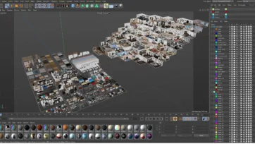 Cinema 4D interior model library featuring low poly interior models with extensive furniture collection and material systems for efficient rendering