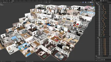 Extensive 3d room model collection displaying multiple furnished interior spaces for realistic room blender projects and architectural visualization