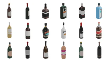 Wine and liquor bottle 3D model collection with various shapes and labels - premium Unity interior assets for bar and kitchen environments